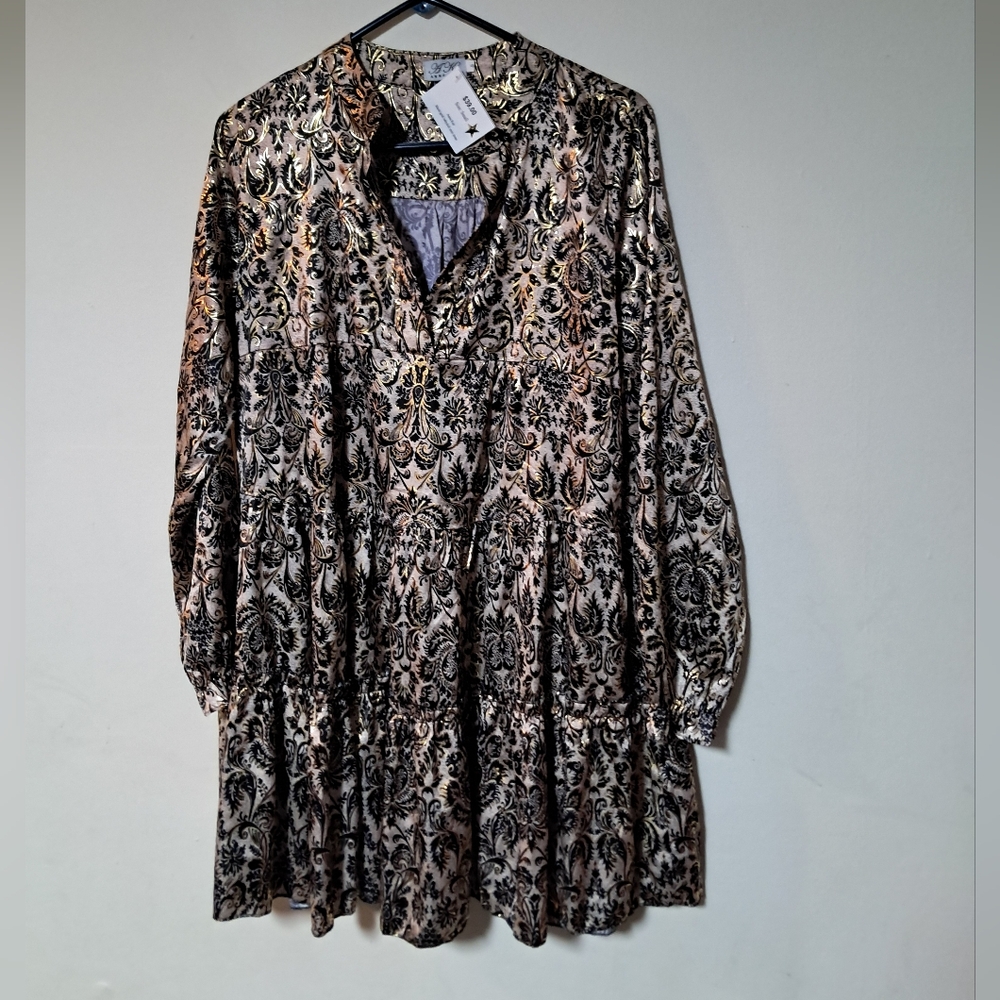 Anna Kay Black Gold Metallic Tiered Flowy Cocktail Minidress Long Sleeve Sz S.